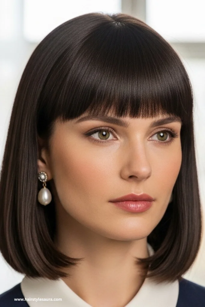 14 Elegant Old Money Bob Haircut with Bangs Styles Every Woman Should Try 2 Classic Chin-Length Bob with Full Bangs