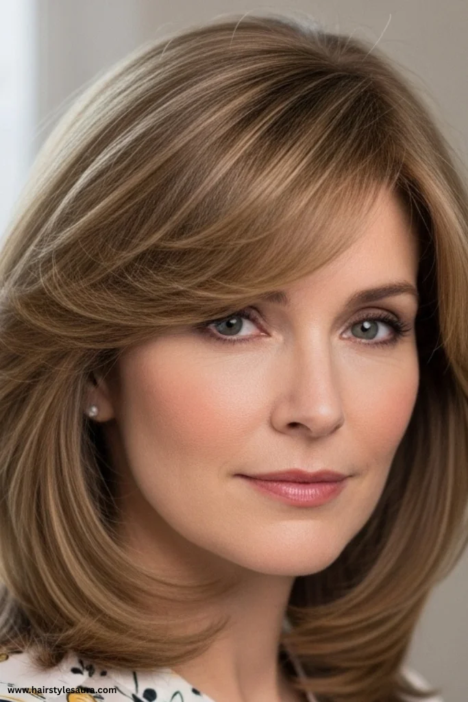 13 Feather Layered Haircuts Ideas for Women 2 Classic Feathered Layers with Side Bangs