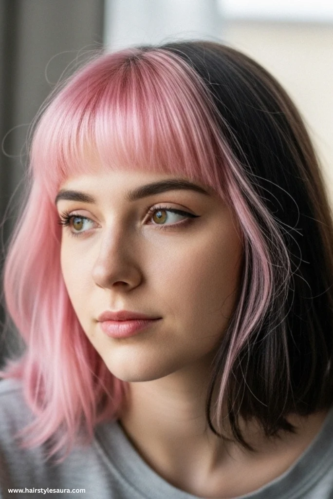 12 Stunning Styles of Wolf Cut with Colored Bangs to Rock Your Look 2 Classic Wolf Cut with Pastel Pink Bangs