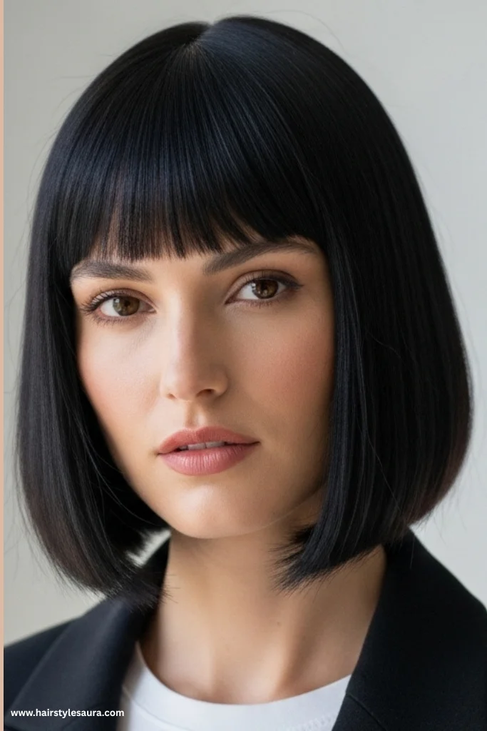 12 Elegant Old Money Bob with Bangs Haircut Ideas for Women with Timeless Style 2 Sleek Jaw-Length Bob with Blunt Bangs