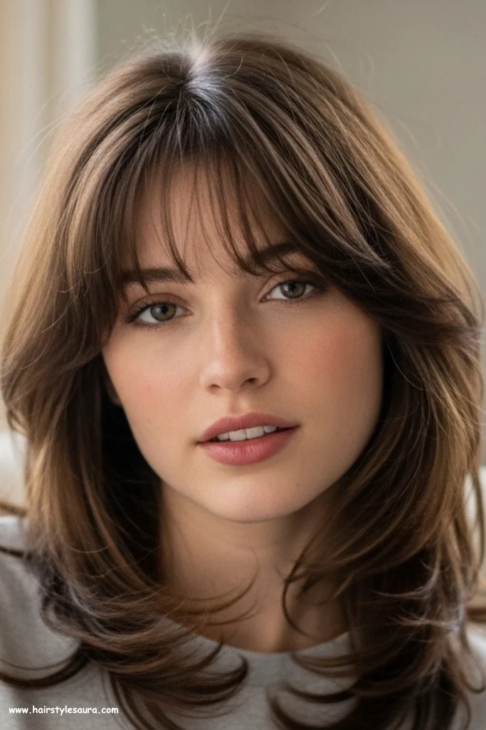 10 Gorgeous Layered Haircut Ideas for Medium Hair Every Woman Will Love 2 Soft Layers with Curtain Bangs