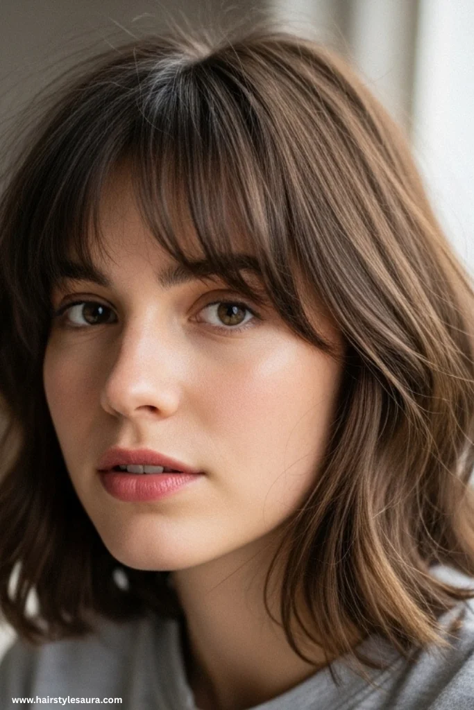 10 Effortlessly Chic Shaggy Lob with Fringe Hairstyles Women Are Loving Right Now 2 Textured Lob with Feathered Fringe