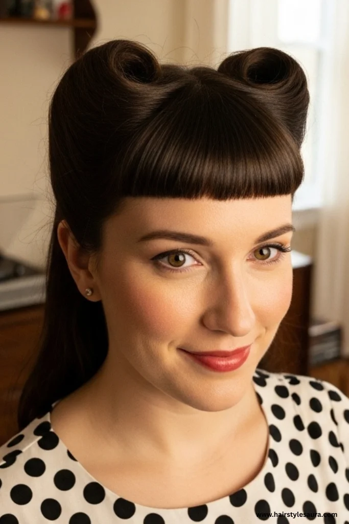 15 Stunning Vintage Hairstyles with Bangs Ideas for a Timeless Look 2 Victory Rolls with Blunt Bangs