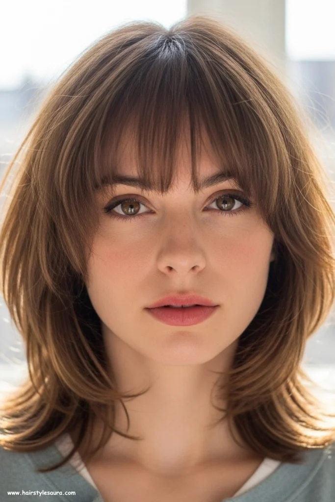 12 Flattering Oval Face Hairstyles with Bangs Ideas You’ll Love 11 Feathered Bangs with Medium-Length Cut