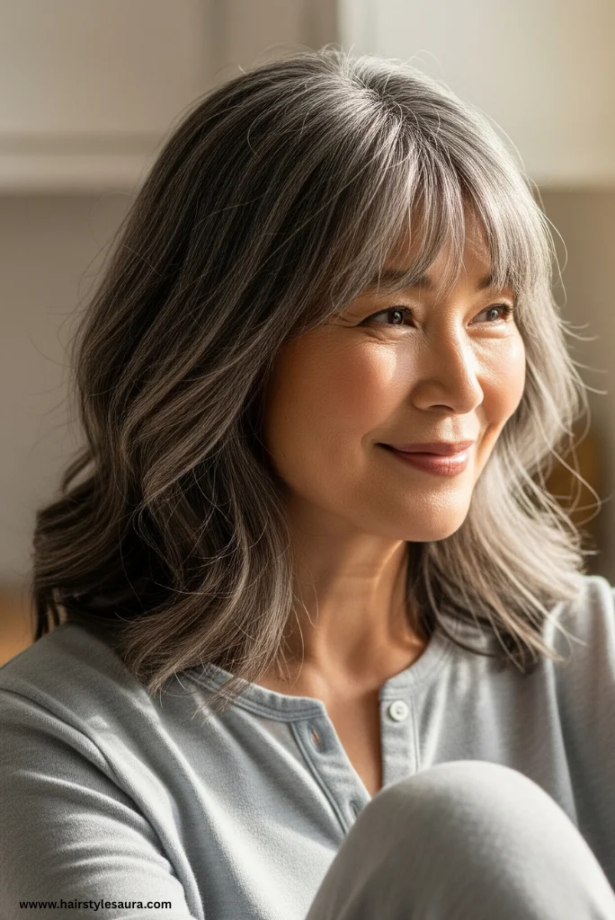 10 Flattering Hairstyles for Women Over 50 with Thick Hair 11 Layered Cut with Wispy Bangs