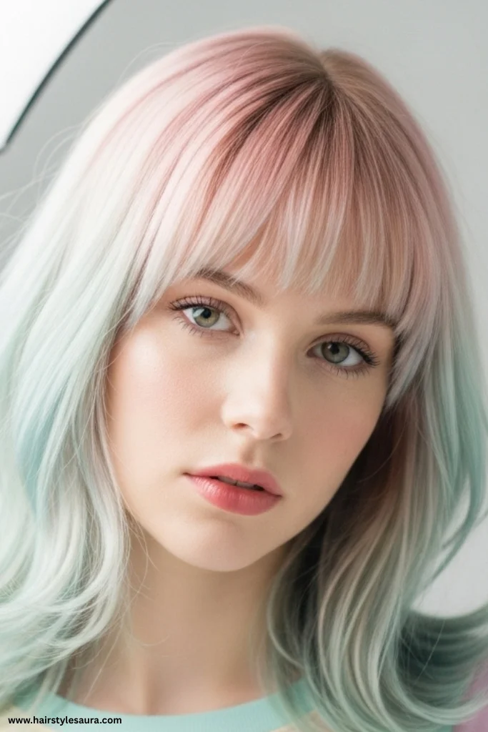 12 Stunning Shaggy Wolf Cut with Bangs Ideas for a Bold New Look 11 Pastel-Tinted Wolf Cut with Soft Bangs