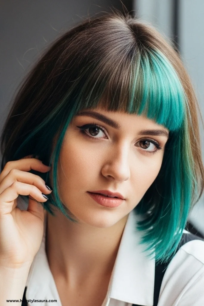 12 Stunning Styles of Wolf Cut with Colored Bangs to Rock Your Look 11 Short Wolf Cut with Teal Bangs
