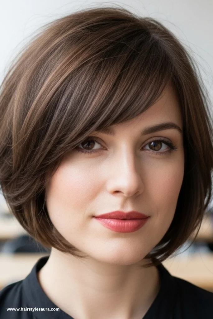 13 Unique Ear Length Haircuts Ideas for Modern Women 11 Side-Swept Bangs with Short Layers