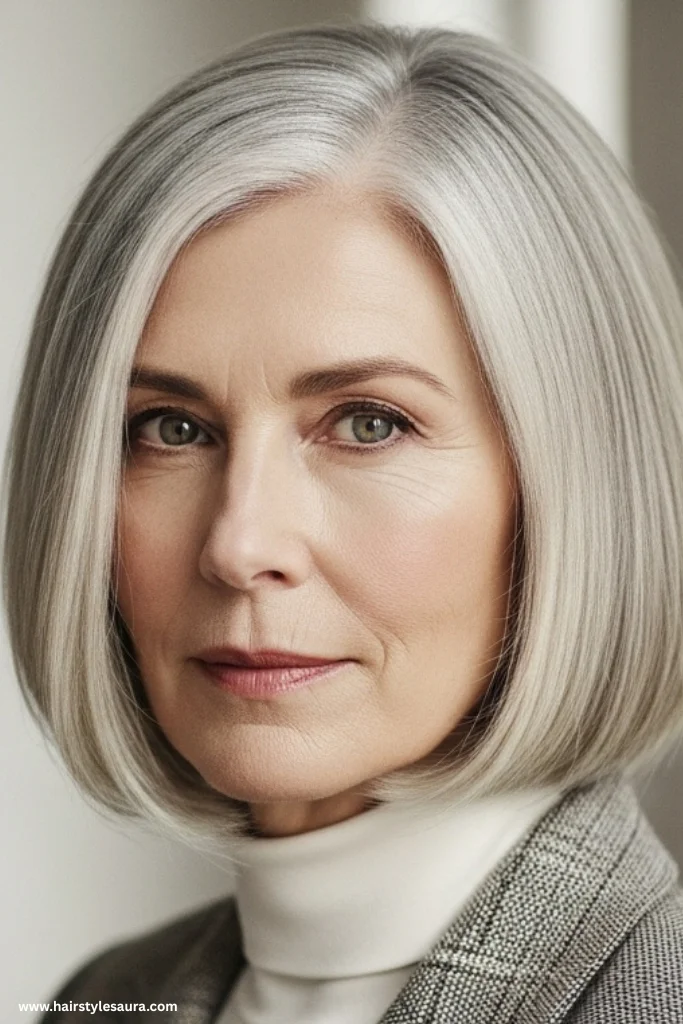 12 Hairstyles for Women Over 50 with Thin Hair 11 Sleek Bob with a Middle Part