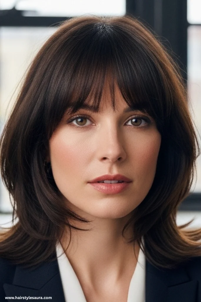 10 Effortlessly Chic Shaggy Lob with Fringe Hairstyles Women Are Loving Right Now 11 Sleek Shaggy Lob with Tapered Bangs