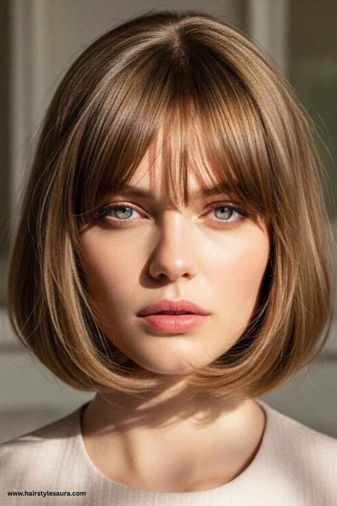 12 Elegant Old Money Bob with Bangs Haircut Ideas for Women with Timeless Style 12 Glossy Bob with Airy Bangs