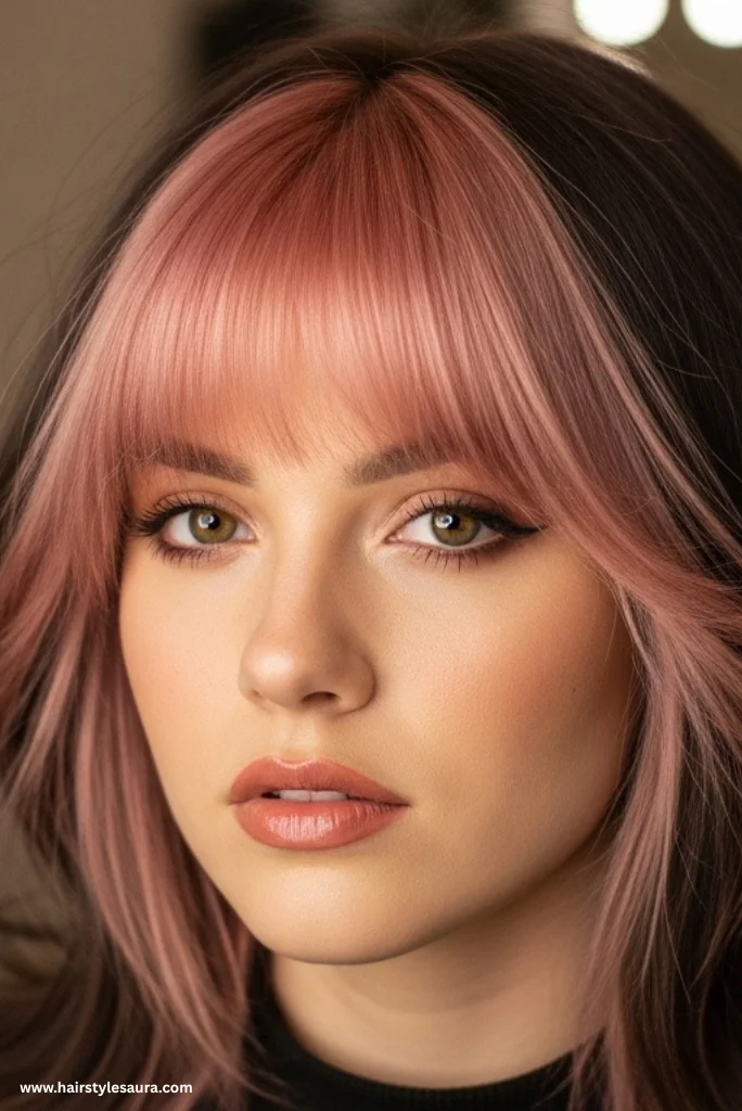 12 Stunning Styles of Wolf Cut with Colored Bangs to Rock Your Look 12 Layered Wolf Cut with Rose Gold Bangs