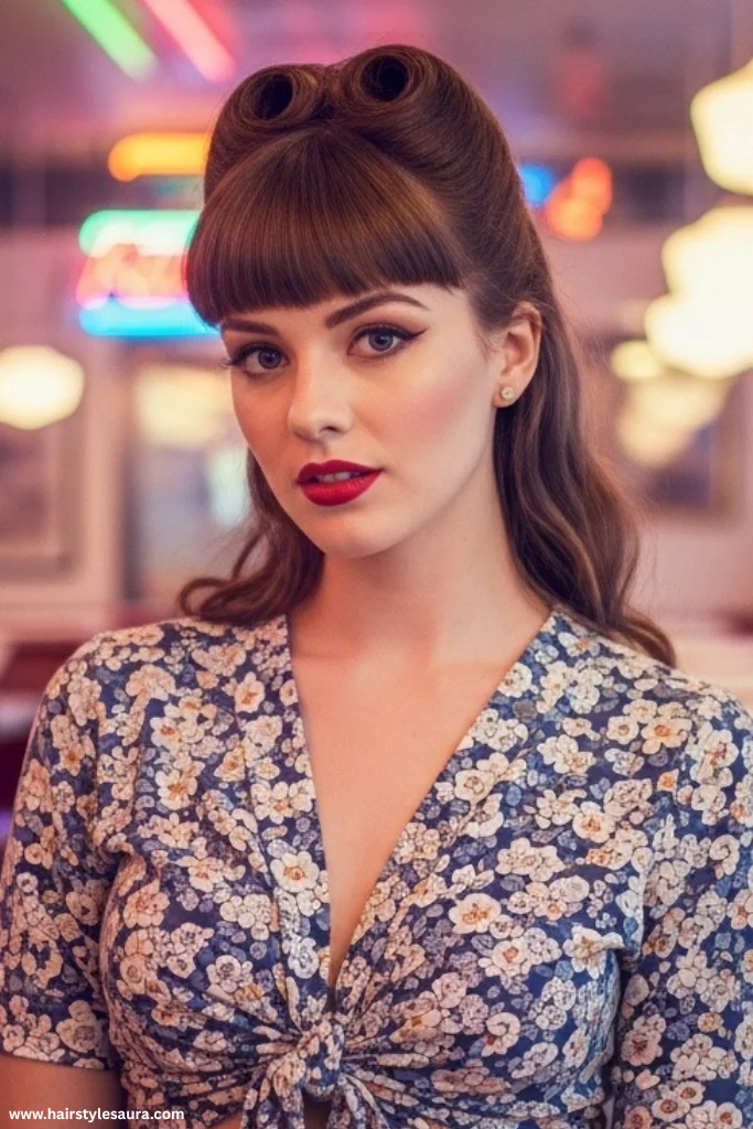 15 Stunning Vintage Hairstyles with Bangs Ideas for a Timeless Look 12 Rolled Fringe with Retro Ponytail