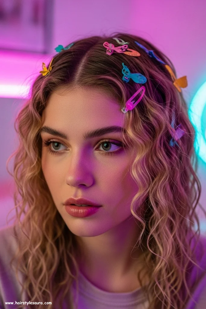 13 Best 90s Butterfly Clip Hairstyle Ideas That Are Making a Comeback 13 Crimped Hair with Scattered Clips