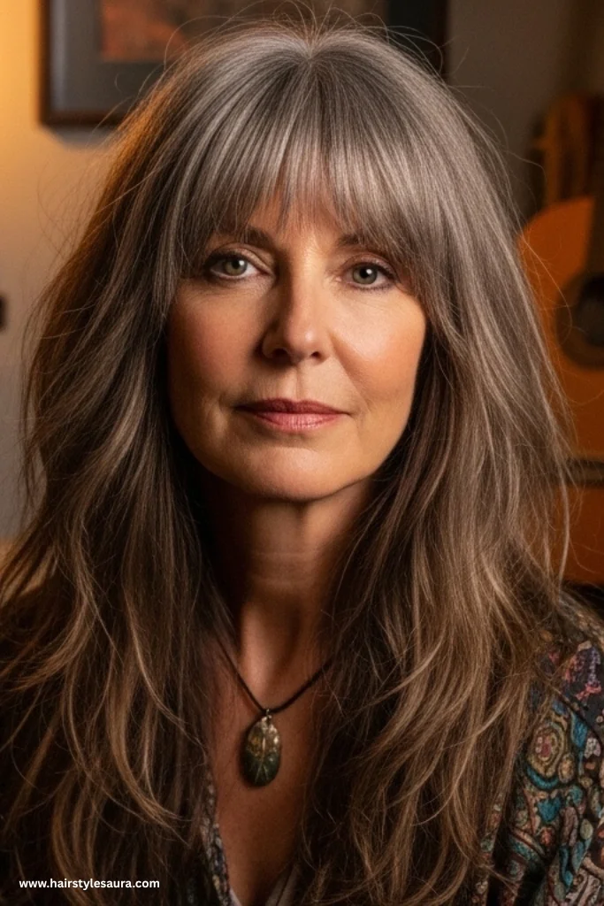 12 Elegant Long Hairstyles for Women Over 50 13 Layered Shag with Bangs