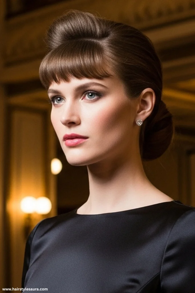 15 Stunning Vintage Hairstyles with Bangs Ideas for a Timeless Look 13 Pompadour Bangs with Low Chignon