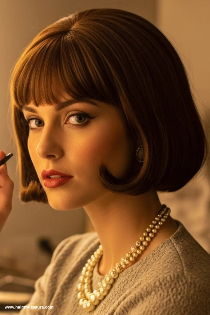 12 Elegant Old Money Bob with Bangs Haircut Ideas for Women with Timeless Style 13 Retro Bob with Short Bangs