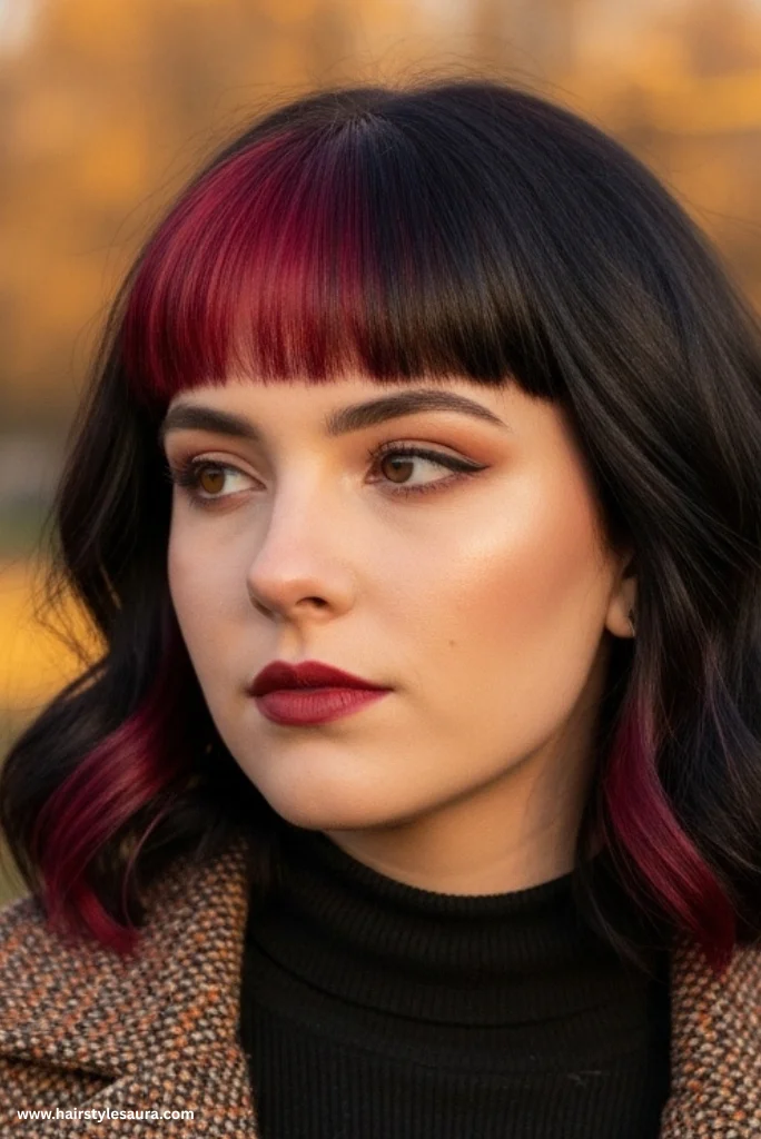 12 Stunning Styles of Wolf Cut with Colored Bangs to Rock Your Look 13 12. Thick Wolf Cut with Maroon Bangs
