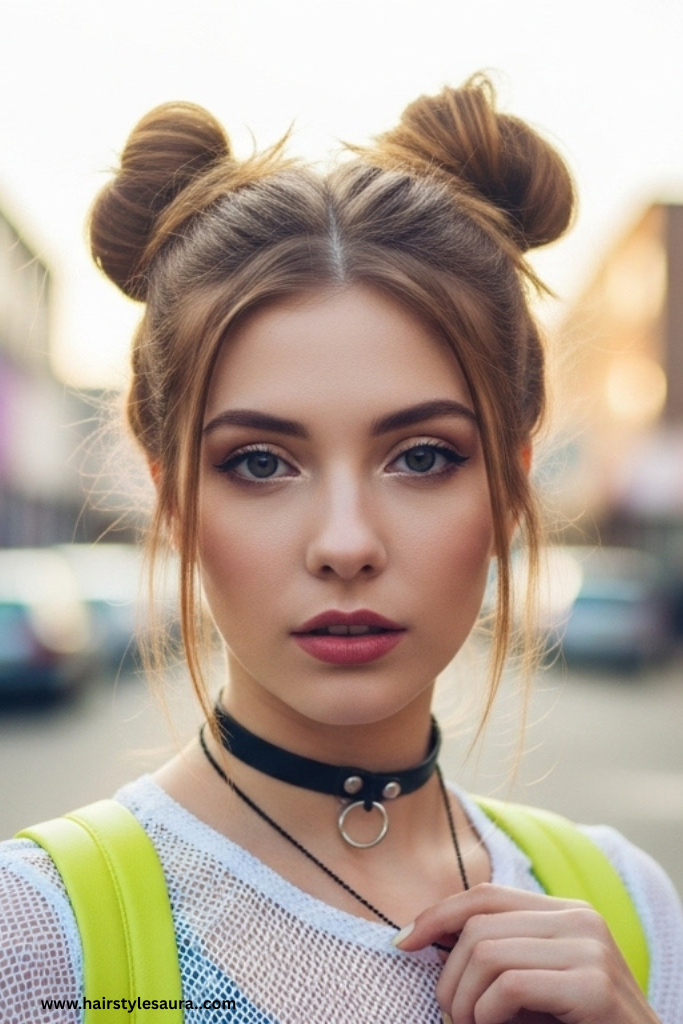 10 Cute Hairstyles for Shoulder Length Hair You’ll Want to Try Today 3 Half-Up Space Buns