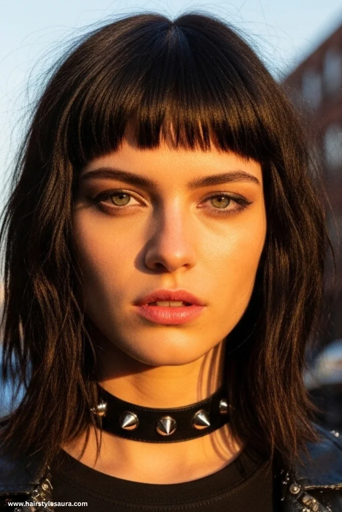 12 Stunning Shaggy Wolf Cut with Bangs Ideas for a Bold New Look 3 Choppy Wolf Cut with Blunt Bangs