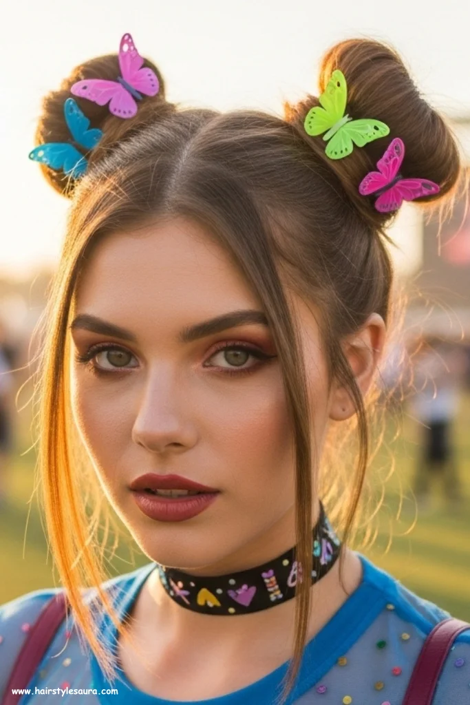 13 Best 90s Butterfly Clip Hairstyle Ideas That Are Making a Comeback 3 Double Space Buns with Clips