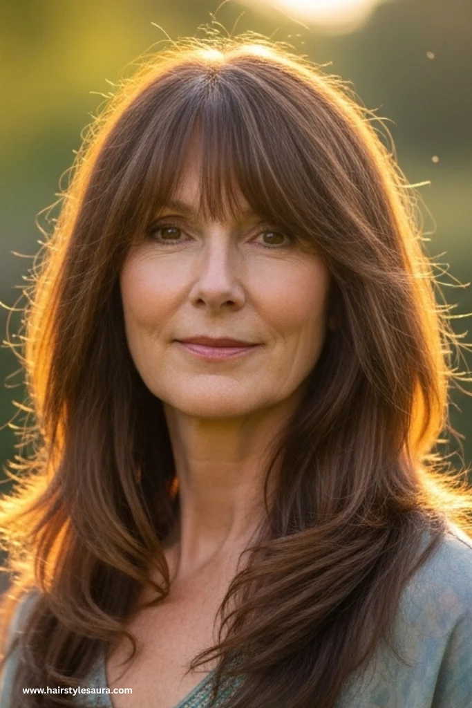 12 Flattering Hairstyles for Women Over 50 With Bangs 3 Long Layers With Feathered Bangs