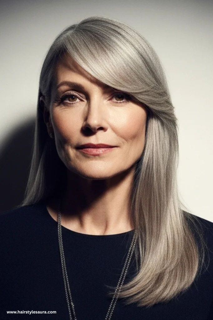 12 Elegant Long Hairstyles for Women Over 50 3 Long Straight with Side Bangs