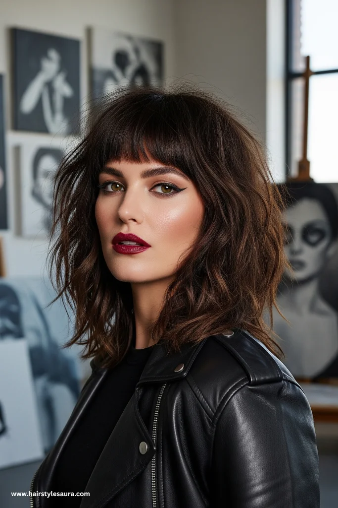 11 Trendy Shaggy Lob with Bangs Styles That Women Are Loving Right Now 3 Messy Shaggy Lob with Full Fringe