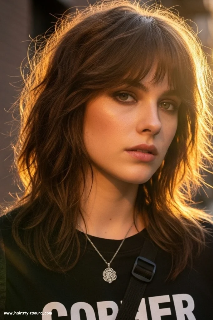 12 Stunning Layered Haircut Ideas with Curtain Bangs Every Woman Should Try 3 Textured Shag Layers with Feathered Curtain Bangs