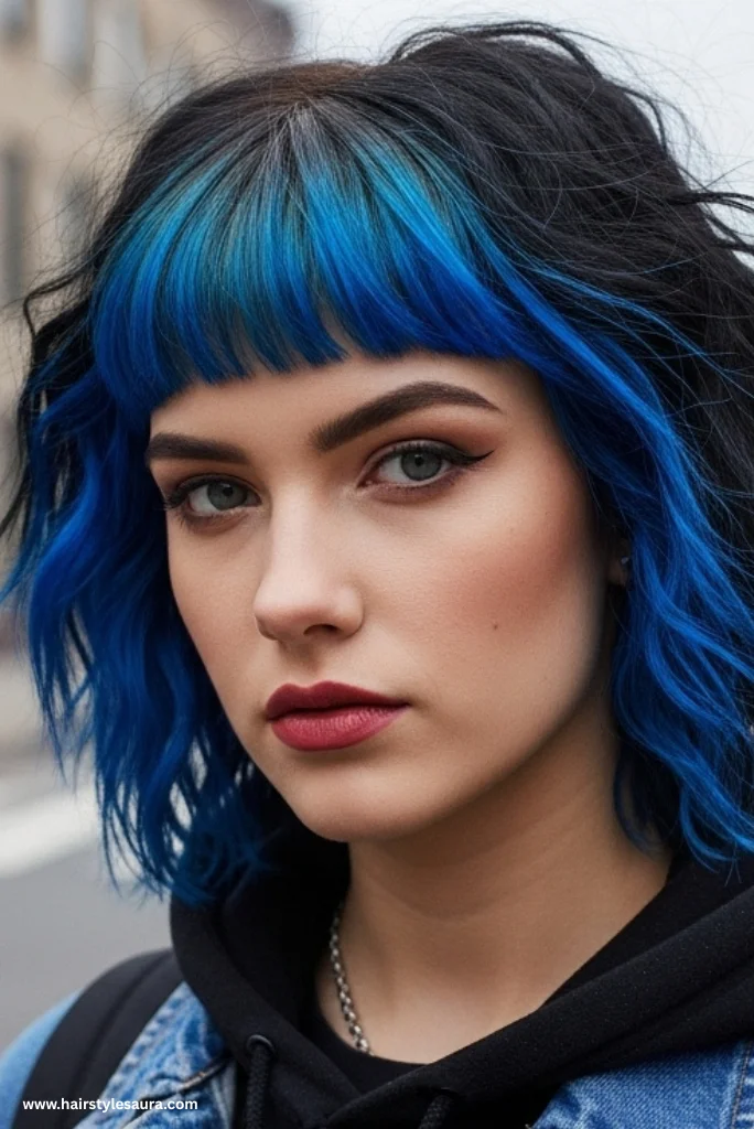 12 Stunning Styles of Wolf Cut with Colored Bangs to Rock Your Look 3 Textured Wolf Cut with Blue Dip-Dyed Bangs