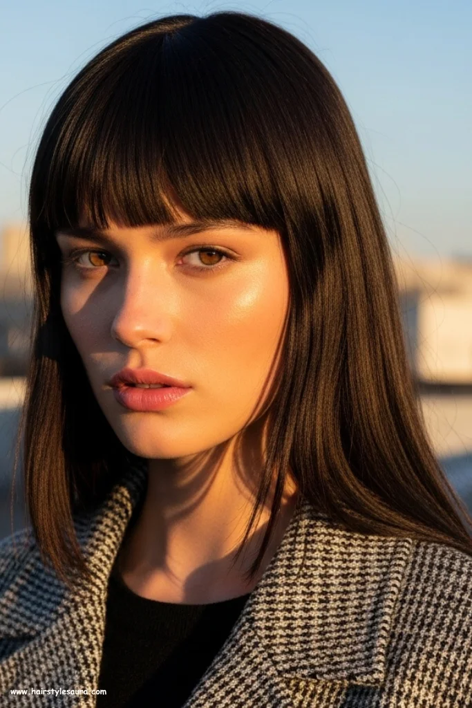 12 Flattering Oval Face Hairstyles with Bangs Ideas You’ll Love 4 Blunt Bangs with Sleek Long Hair