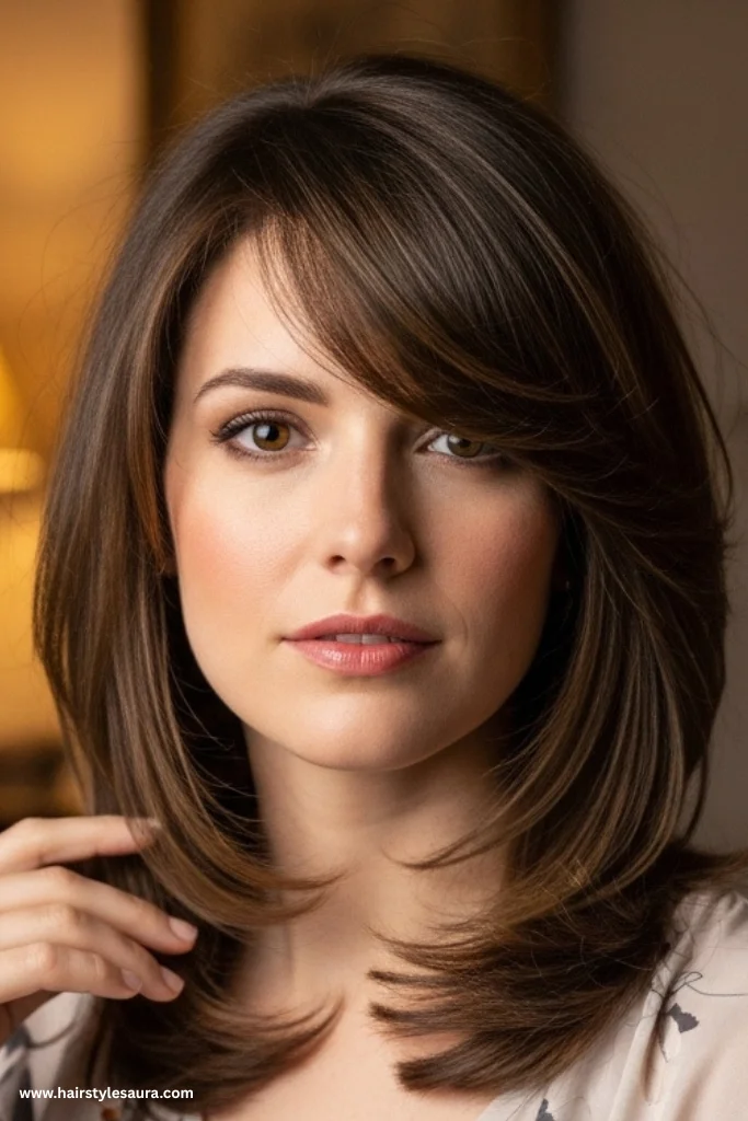 10 Flattering Layered Haircuts for Thick Hair Every Woman Should Try 4 Feathered Layers with Side Bangs