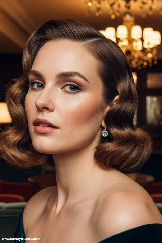 15 Stunning Vintage Hairstyles with Bangs Ideas for a Timeless Look 4 Hollywood Waves with Curtain Bangs