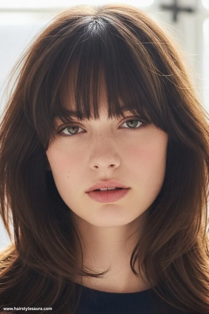 13 Feather Layered Haircuts Ideas for Women 4 Long Feather Layers with Curtain Bangs