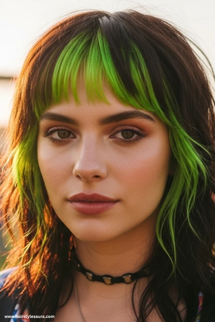 12 Stunning Styles of Wolf Cut with Colored Bangs to Rock Your Look 4 Shaggy Wolf Cut with Neon Green Bangs