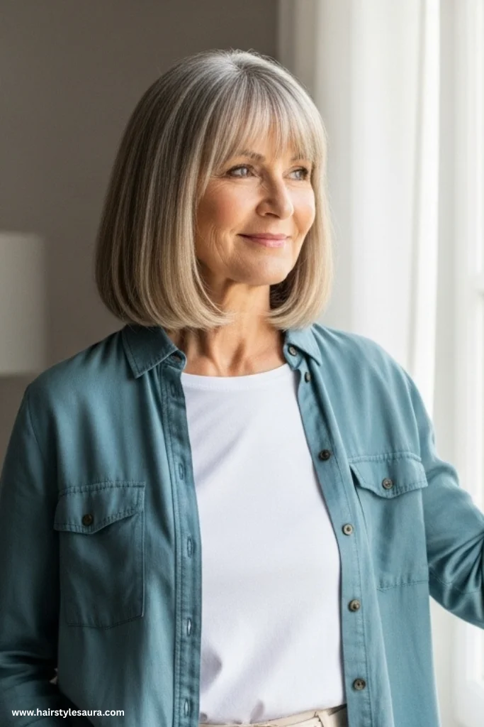 12 Low Maintenance Hairstyles for Women Over 50 That Redefine Timeless Beauty 4 Shoulder-Length Cut with Bangs
