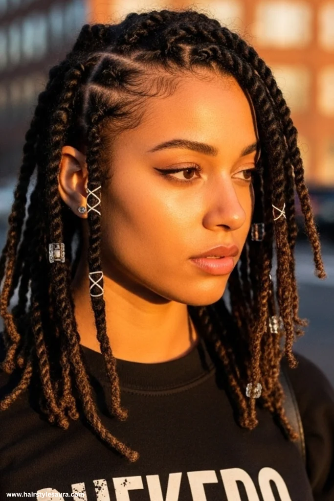 10 Stunning 2 Strand Twist Loc Styles Ideas for Women 4 Side-Swept Twists with Beads