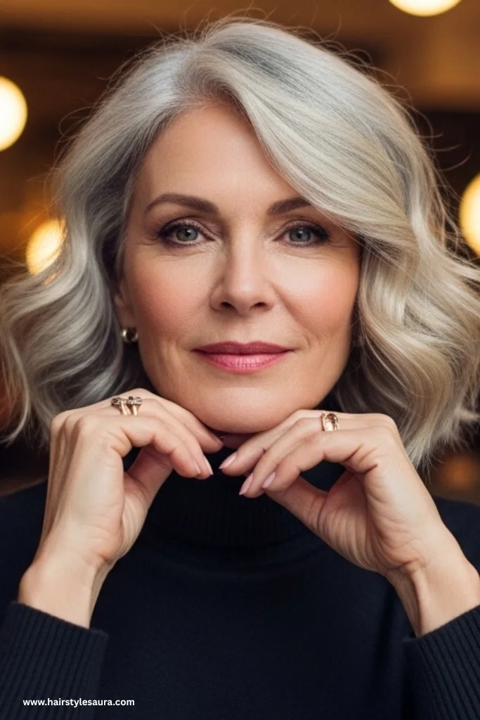12 Flattering Hairstyles for Women Over 50 With Bangs 4 Wavy Lob With Curtain Bangs
