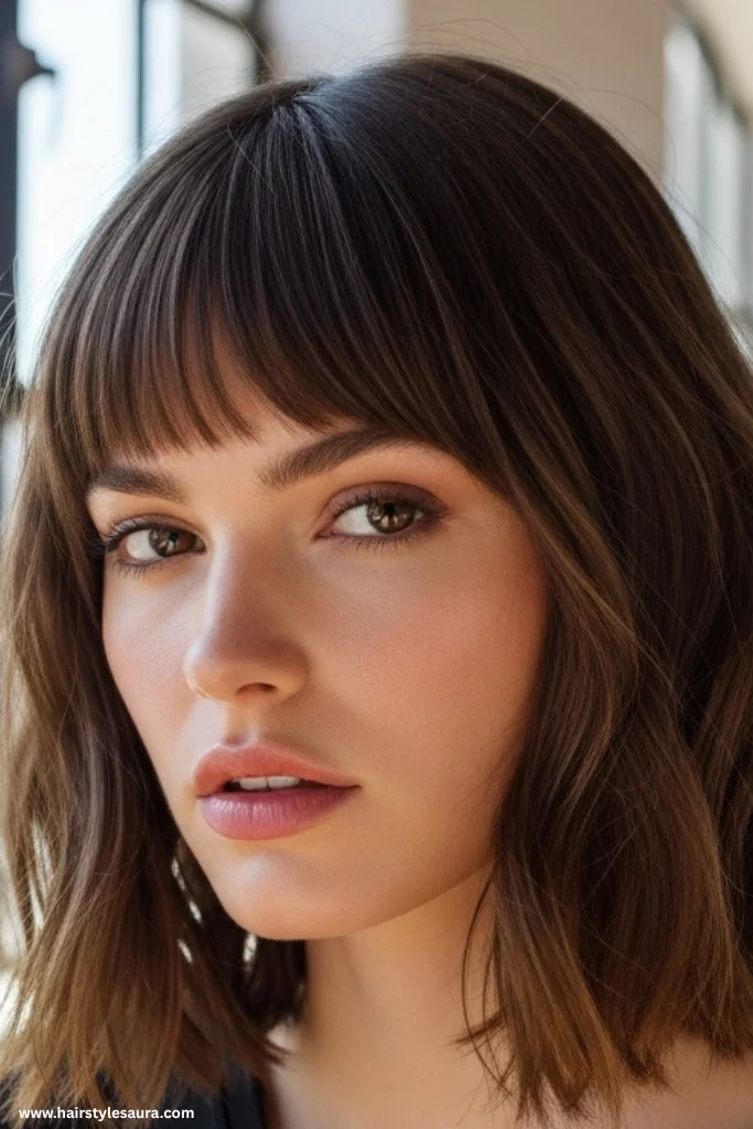 10 Effortlessly Chic Shaggy Lob with Fringe Hairstyles Women Are Loving Right Now 4 Wavy Lob with Blunt Fringe