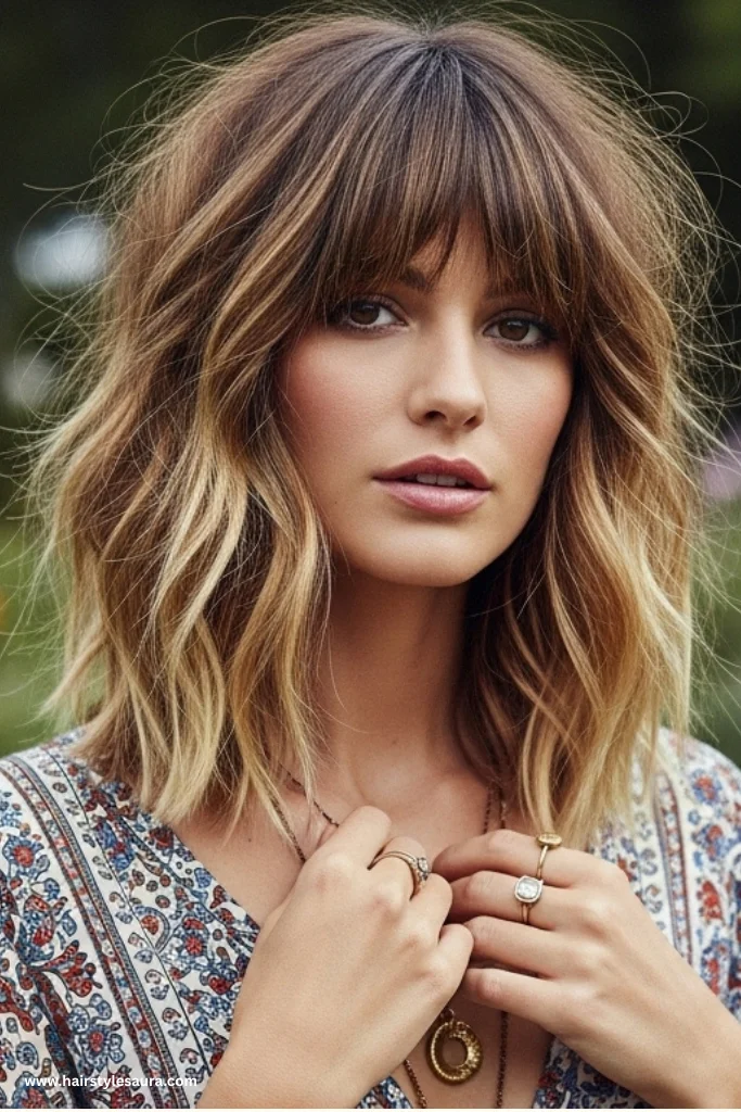 11 Trendy Shaggy Lob with Bangs Styles That Women Are Loving Right Now 4 Wavy Shaggy Lob with Wispy Bangs
