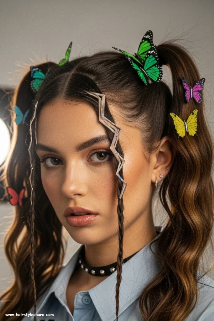 13 Best 90s Butterfly Clip Hairstyle Ideas That Are Making a Comeback 4 Zigzag Parted Pigtails