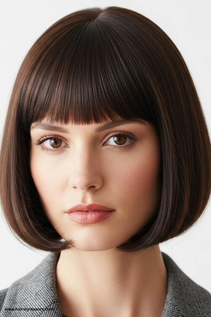 12 Elegant Old Money Bob with Bangs Haircut Ideas for Women with Timeless Style 5 Classic Chin-Length Bob with Rounded Bangs