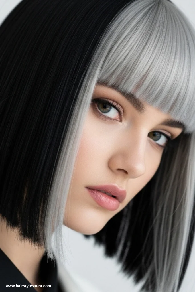 12 Stunning Styles of Wolf Cut with Colored Bangs to Rock Your Look 5 Sleek Wolf Cut with Silver-Toned Bangs