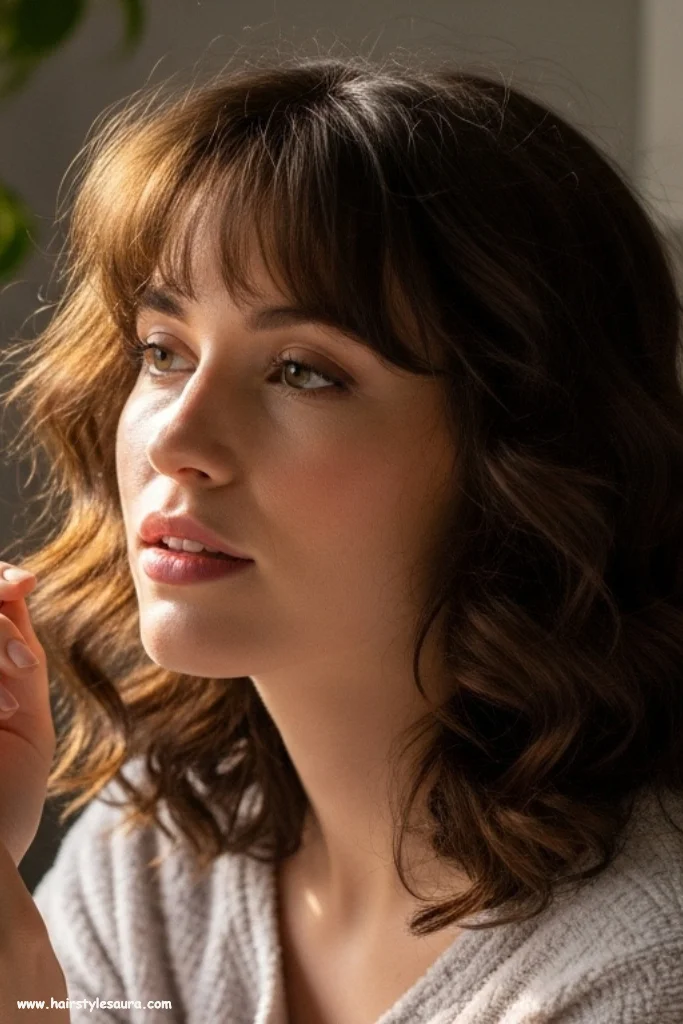 10 Stylish Ear Length Haircuts with Bangs Ideas for Women 5 Soft Curls with Curtain Bangs