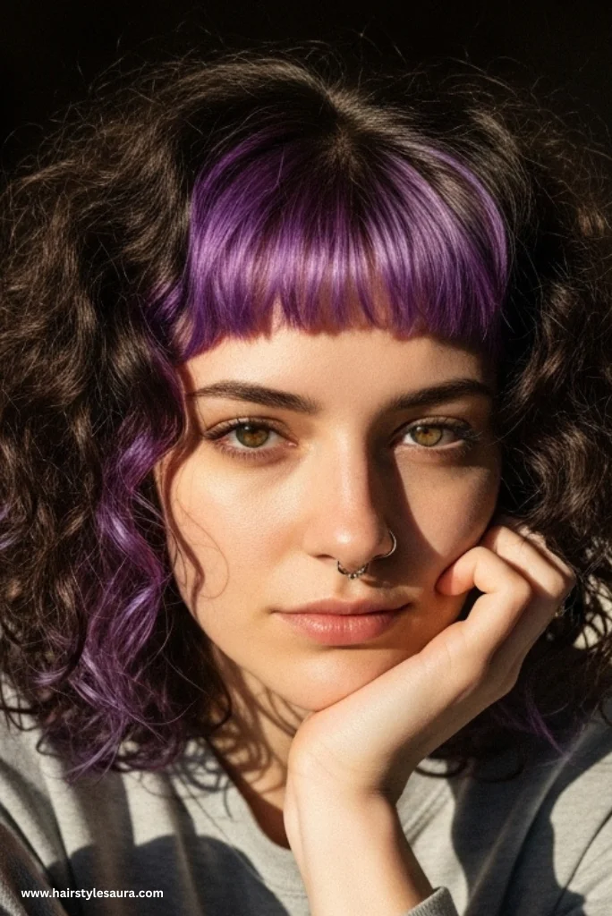 12 Stunning Styles of Wolf Cut with Colored Bangs to Rock Your Look 6 Curly Wolf Cut with Violet Bangs