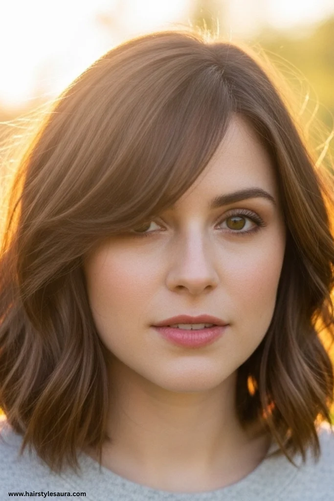 10 Effortlessly Chic Shaggy Lob with Fringe Hairstyles Women Are Loving Right Now 6 Layered Lob with Side-Swept Bangs