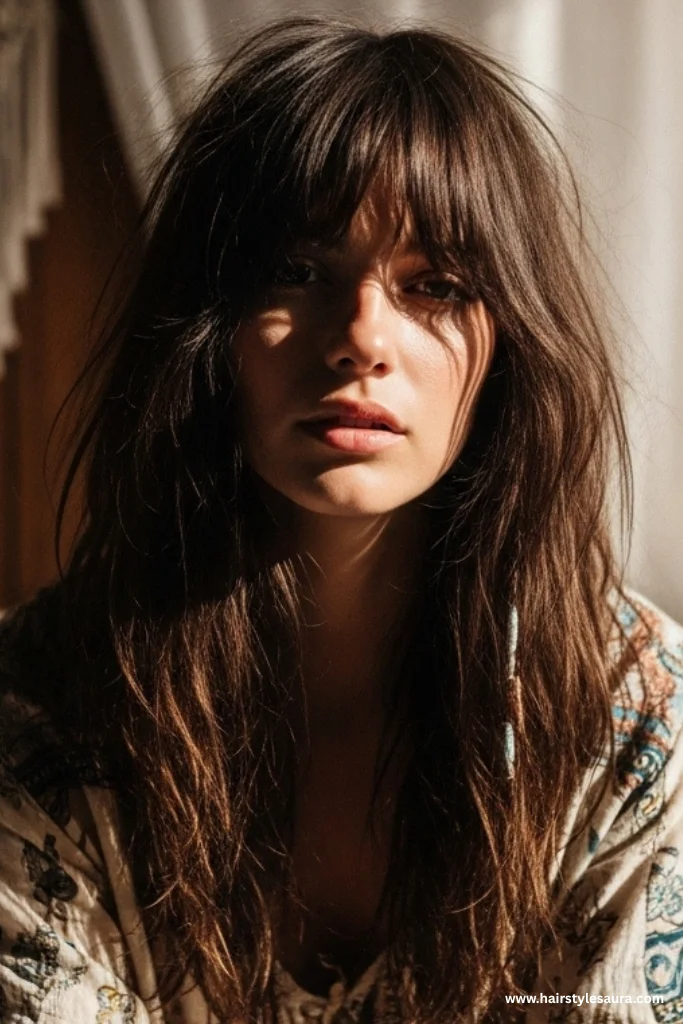 12 Stunning Shaggy Wolf Cut with Bangs Ideas for a Bold New Look 6 Long Shaggy Wolf Cut with See-Through Bangs