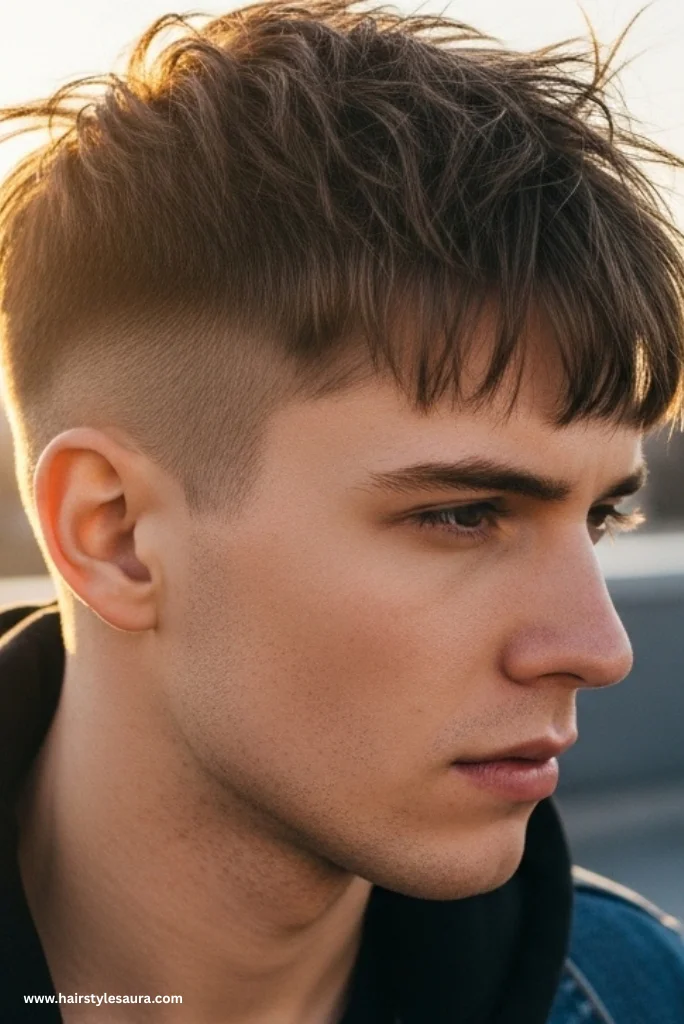 12 Bang Hairstyles Short Hair for Men That Redefine Style 6 Messy Bangs with Fade