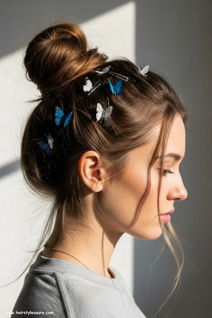 13 Best 90s Butterfly Clip Hairstyle Ideas That Are Making a Comeback 6 Messy Bun with Scattered Clips