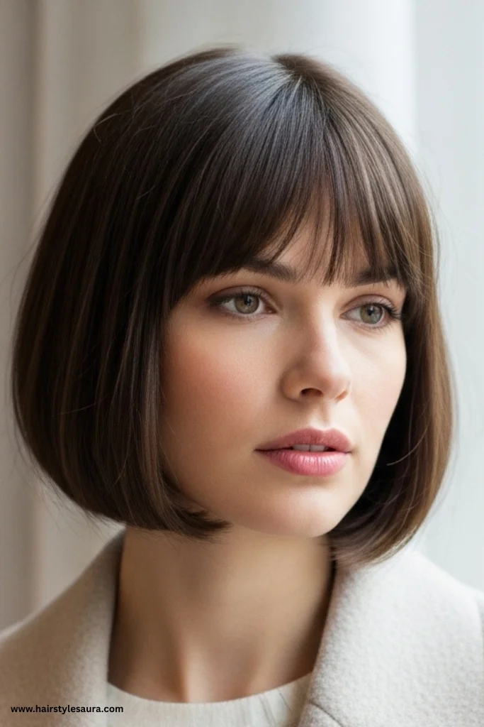 12 Elegant Old Money Bob with Bangs Haircut Ideas for Women with Timeless Style 6 Old Money Bob with Curtain Bangs